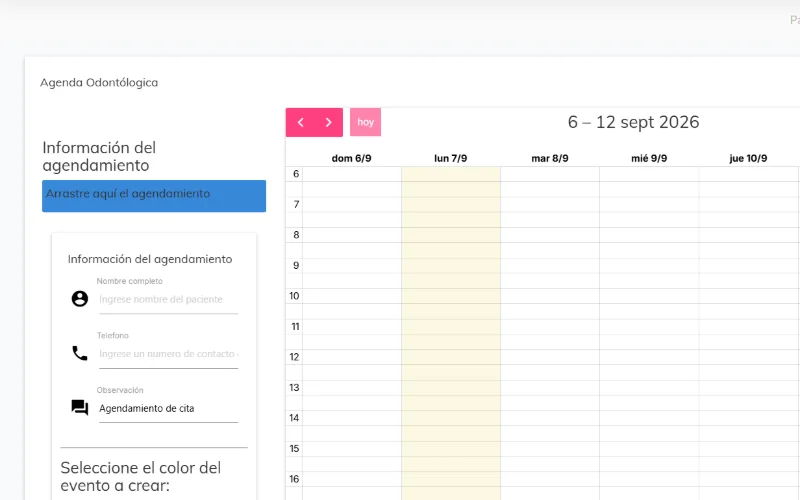 Agenda odontológica semanal con el formulario para crear una cita