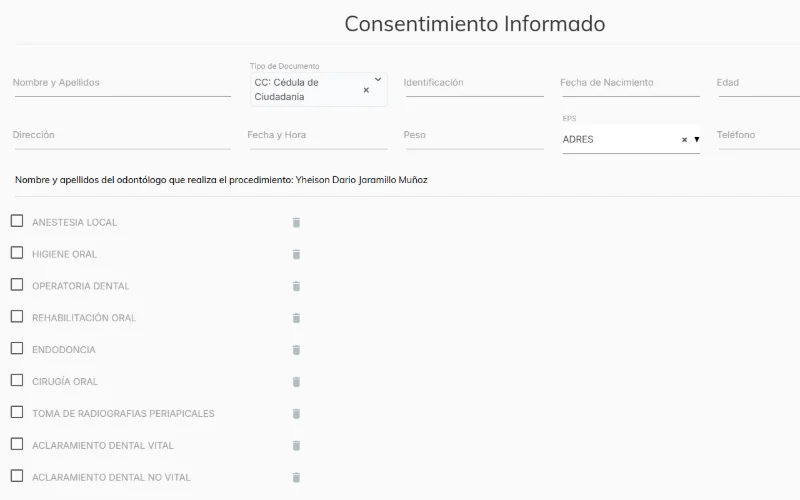 Consentimiento informado digital con la lista de procedimientos odontológicos