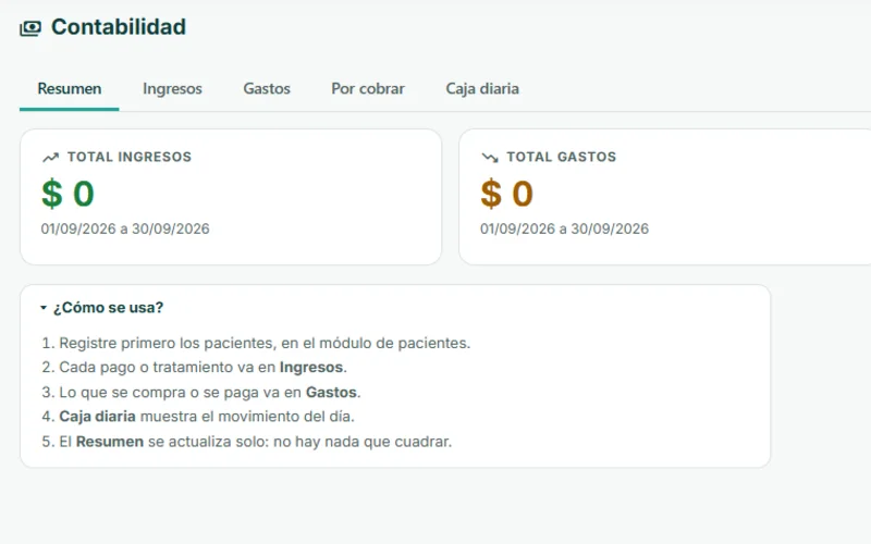 Módulo de contabilidad con resumen de ingresos, gastos, cuentas por cobrar y caja diaria