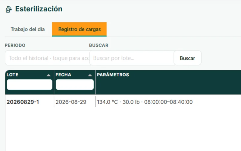 Registro de cargas de esterilización con lote, fecha, temperatura, presión y tiempo del ciclo