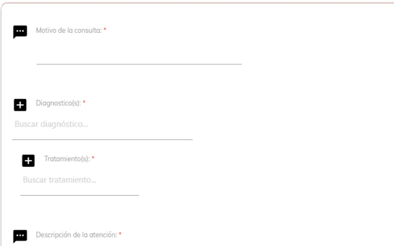 Registro de evolución con motivo de consulta, diagnósticos y tratamientos