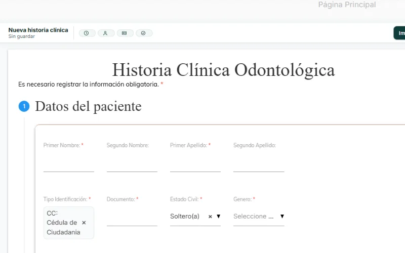 Formulario de historia clínica odontológica en Historia Clínica Duo, sección de datos del paciente