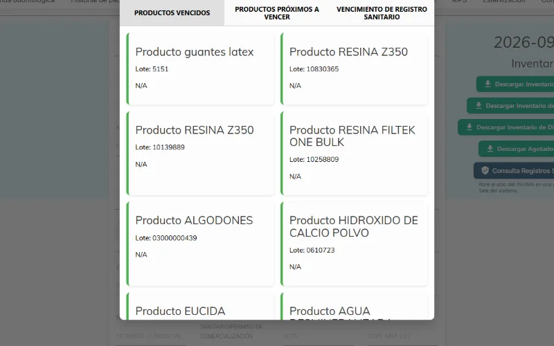 Inventario con alertas de productos vencidos, próximos a vencer y vencimiento de registro sanitario