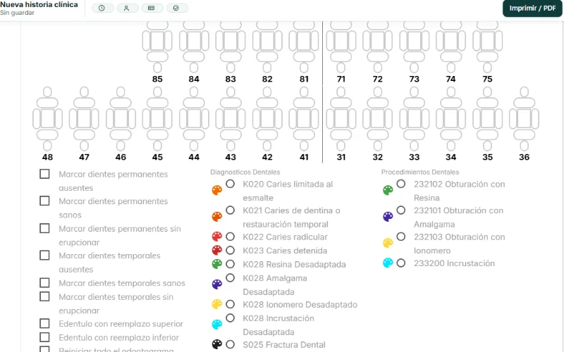 Odontograma digital con diagnósticos CIE-10 y procedimientos CUPS para marcar en cada diente