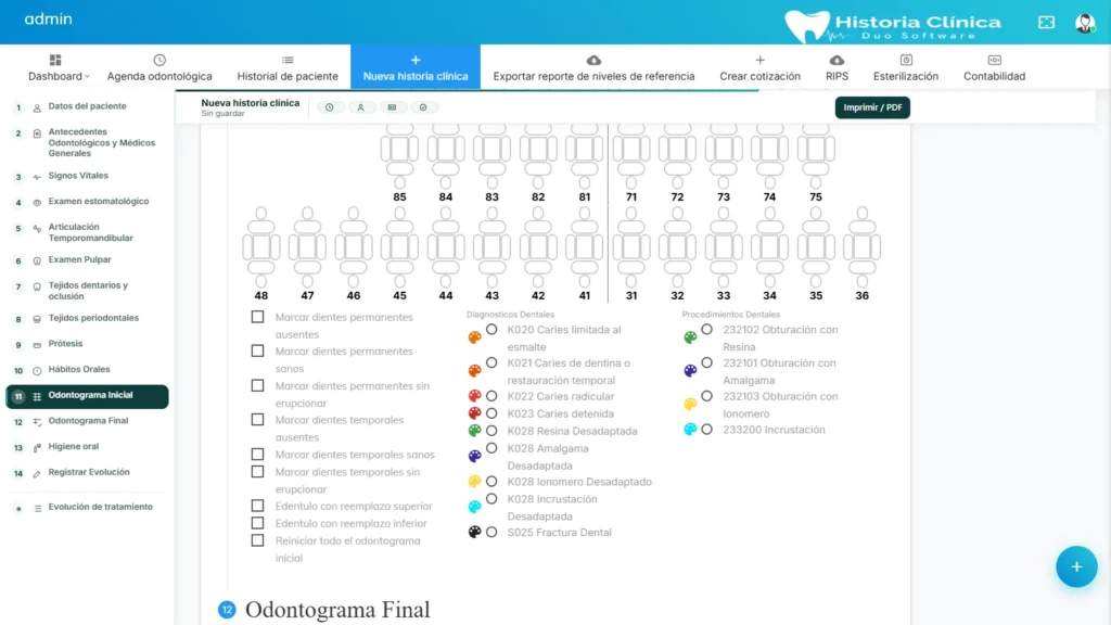 Odontograma inicial con diagnósticos y procedimientos dentales