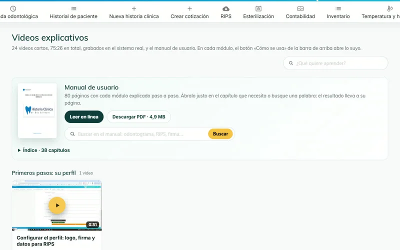 Centro de ayuda con los videos explicativos y el manual de usuario
