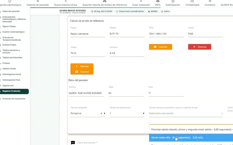 Cálculo de niveles de referencia del equipo de rayos X con voltaje, corriente y dosis
