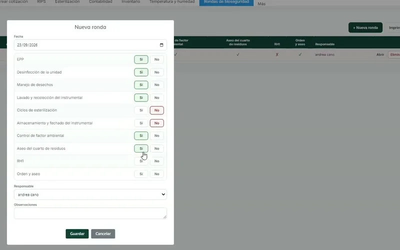 Lista de chequeo de una ronda de bioseguridad con su responsable